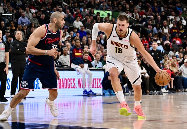 Denver Nuggets center Nikola Jokic handles the ball as Clippers forward Nicolas Batum defends during the second half of Game 6 of their first-round playoff series on Thursday, May 1, 2025, at the Intuit Dome in Inglewood. (Photo by Keith Birmingham, Orange County Register/SCNG)