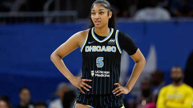 Chicago Sky forward Angel Reese catches a breather during an August 2024 matchup vs. the Las Vegas Aces. Kamil Krzaczynski-Imagn Images
