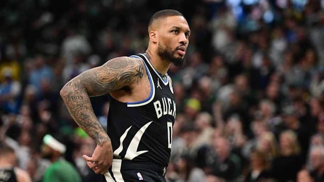 Milwaukee Bucks guard Damian Lillard on Apr 27, 2025.