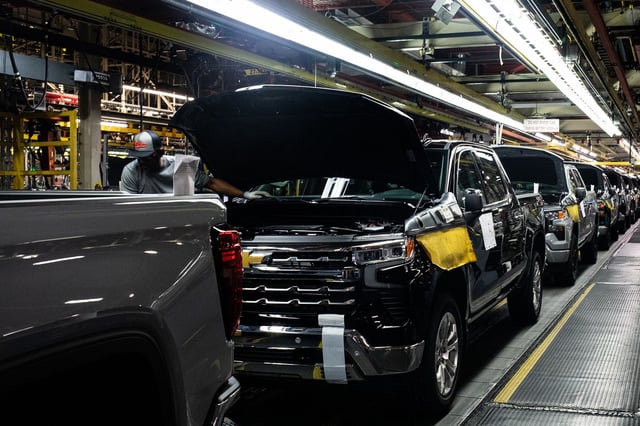 Vehicles on the trim assembly line at the General Motors assembly plant in Fort Wayne, Indiana, on April 9, 2024.