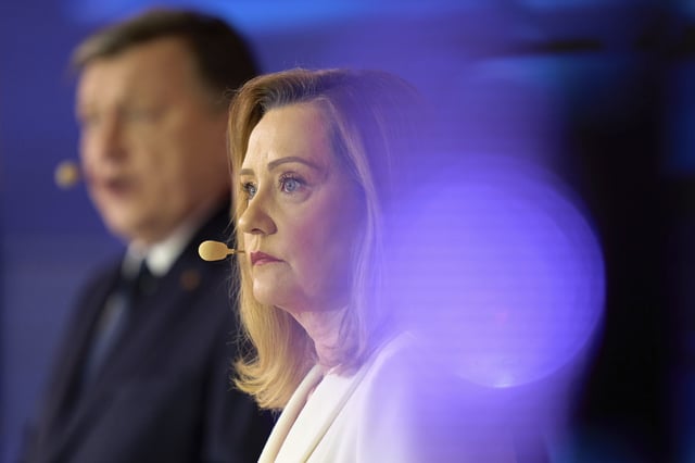 Presidential Candidate ELena Lasconi listens to questions during a live electoral debate in Bucharest, Romania, Monday, April 28, 2025. (AP Photo/Vadim Ghirda)