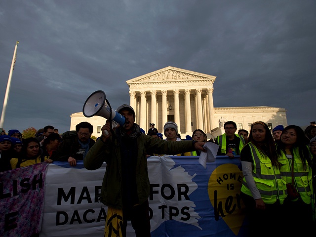 Demonstrators arrive in front of the US Supreme Court during the "Home Is Here" March for Deferred Action for Childhood Arrivals (DACA), and Temporary Protected Status (TPS) on November 10, 2019 in Washington D.C. - They begun a march from New York City to Washington DC, to the US Supreme Court. The Supreme Court is set to hear oral arguments regarding termination of the Deferred Action for Childhood Arrivals (DACA) policy on November 12. (Photo by Jose Luis Magana / AFP) (Photo by JOSE LUIS MAGANA/AFP via Getty Images)