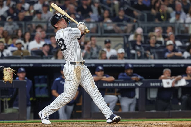 May 2, 2025; Bronx, New York, USA; New York Yankees first baseman Paul Goldschmidt (48) hits a three run home run during the fifth inning against the Tampa Bay Rays at Yankee Stadium. Vincent Carchietta-Imagn Images