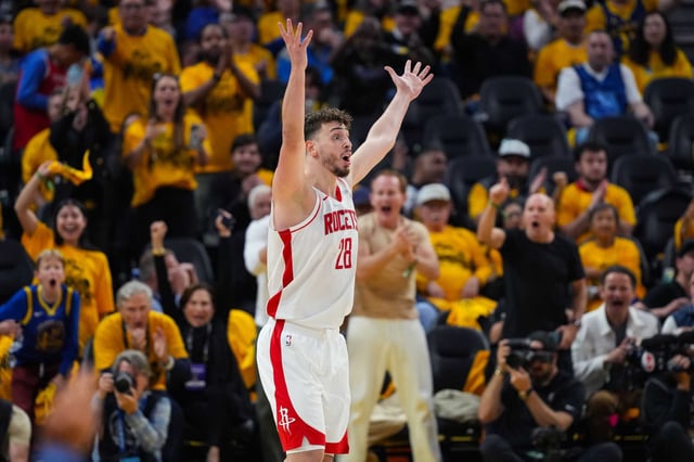 Houston Rockets center Alperen Sengün reacts after he is called for a foul during the second half in Game 6 of a first-round NBA playoff basketball series against the Golden State Warriors  at Chase Center in San Francisco, Friday, May 2, 2025.