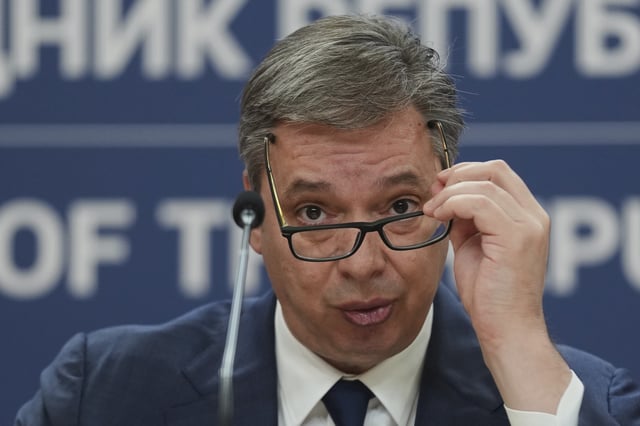 Serbian President Aleksandar Vucic speaks during a public address in Belgrade, Serbia, Wednesday, April 16, 2025. (AP Photo/Darko Vojinovic)