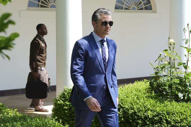 Defense Secretary Pete Hegseth arrives before President Donald Trump speaks during a National Day of Prayer event in the Rose Garden of the White House, Thursday, May 1, 2025, in Washington. (AP Photo/Evan Vucci)