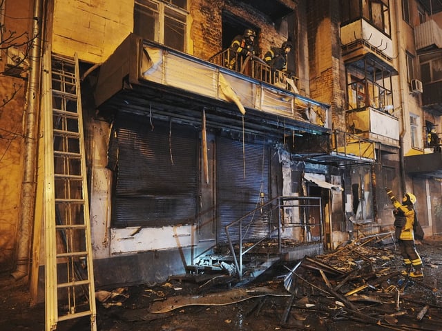 KHARKIV, UKRAINE - MAY 3: Firefighters work at the site of a Russian drone strike on May 3, 2025 in Kharkiv, Ukraine. During the attack on the city, the Russian army used strike drones equipped with thermobaric warheads. Four districts of Kharkiv came under fire: Osnovianskyi, Slobidskyi, Saltivskyi, and Kyivskyi. A total of 51 people were injured. (Photo by Viktoriia Yakymenko/Suspilne Ukraine/JSC "UA:PBC"/Global Images Ukraine via Getty Images)