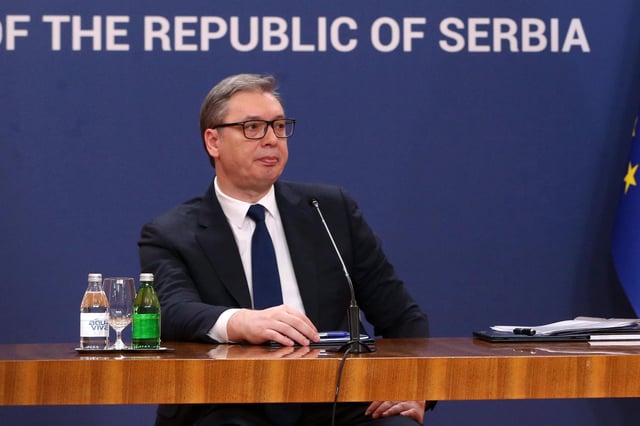 Serbian President Aleksandar Vucic speaks during a press conference in Belgrade, Serbia on April 6.