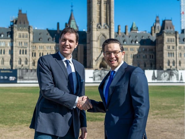 Member of Parliament for Battle River-Crowfoot, Damien C. Kurek, right, congratulates Hon. Pierre Poilievre for his election as the new leader of the Conservative Party of Canada. Kurek photo
