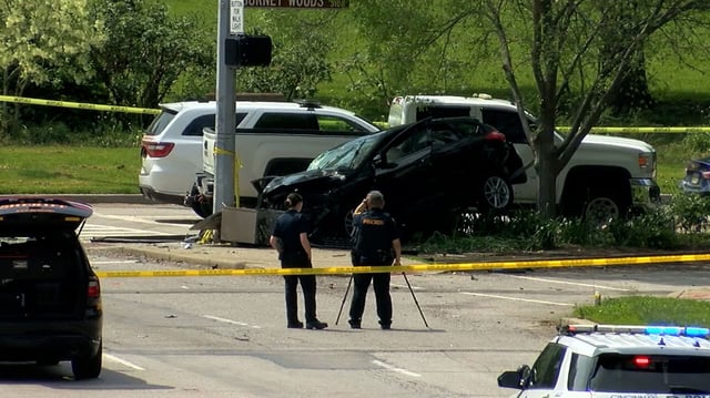This screengrab taken from a video shows law enforcement working the scene where officials say a man intentionally struck an Ohio sheriff’s deputy in Cincinnati, Ohio, on Friday, May 2, 2025. The suspect is the father of a teenager who had been fatally shot by police the day prior.