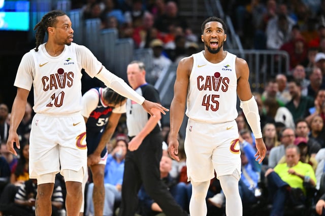CLEVELAND, OHIO - MARCH 30: Darius Garland #10 and Donovan Mitchell #45 of the Cleveland Cavaliers celebrate during the fourth quarter against the LA Clippers at Rocket Arena on March 30, 2025 in Cleveland, Ohio.