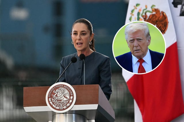 Main image: Mexico&#39;s President Claudia Sheinbaum speaks at Santa Lucia Air Base near Mexico City on April 22. Inset: President Donald Trump walks before boarding Marine One on the South Lawn of the White House on April 29 in Washington, D.C.