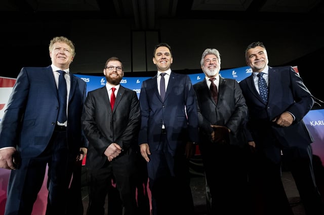 Quebec Liberal Party leadership candidates, from left, Marc Belanger, Mario Roy, Charles Milliard, Pablo Rodriguez and Karl Blackburn pose for a photograph following the Quebec Liberal Party French-language leadership debate in Laval, Que., Saturday, May 3, 2025. THE CANADIAN PRESS/Christopher Katsarov