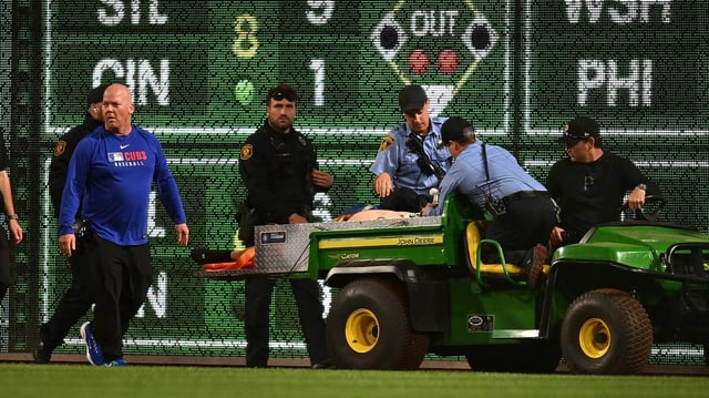 Kavan Markwood is carted off the field after falling from the stands during the seventh inning of the game between the Chicago Cubs and the Pittsburgh Pirates at PNC Park on Wednesday, April 30, 2025, in Pittsburgh. (Joe Sargent/Getty Images/TNS)
