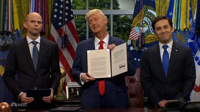 (From left) Mikey Day, James Austin Johnson and Marcello Hernandez on 'Saturday Night Live' on May 3.
