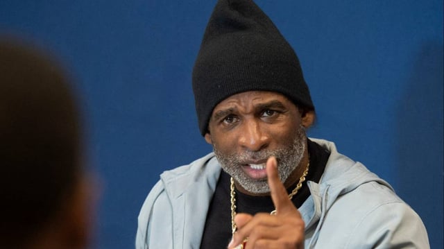 Deion Sanders talks about Southern and the upcoming SWAC Championship during a news conference at JSU in Jackson, Miss