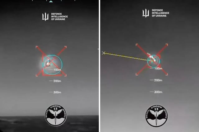This screen grab from a clip posted by Ukrainian intelligence to X (formerly Twitter) shows the view from the targeting system of a Magura naval drone as it engages with a Russian Su-30 fighter jet over the Black Sea near Novorossiysk, Russia, on May 2, 2025