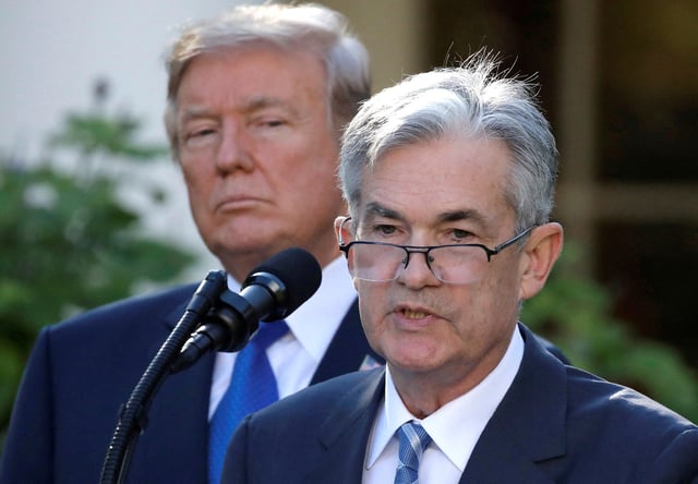 U.S. President Donald Trump looks on as Jerome Powell, his nominee to become chairman of the U.S. Federal Reserve, speaks at the White House in Washington, U.S., November 2, 2017. REUTERS/Carlos Barria/File Photo
