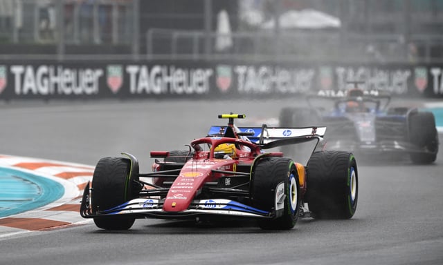 Lewis Hamilton of Great Britain driving the (44) Scuderia Ferrari SF-25 leads Alexander Albon of Thailand driving the (23) Williams FW47 Mercedes on track during the Sprint ahead of the F1 Grand Prix of Miami at Miami International Autodrome on May 03, 2025 in Miami, Florida.