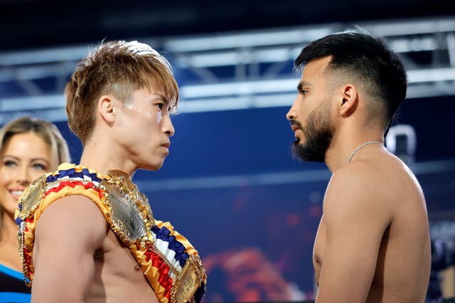 Undisputed junior featherweight champion Naoya Inoue of Japan and Ramon Cardenas face off during an official weigh-in at MGM Grand Hotel & Casino on May 03, 2025 in Las Vegas, Nevada.