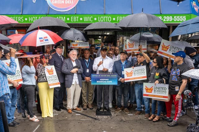 New York City Mayor Eric Adams announces $1.6 million in funding to equip an estimated 500 bodegas across the five boroughs with “SilentShields” buttons that bodega staff can press to immediately call the New York City Police Department (NYPD) in cases of emergency. Pamela Green Deli, 1798 Crotona Avenue, Bronx, NY. Sunday, May 4, 2025. (Benny Polatseck/Mayoral Photography Office)