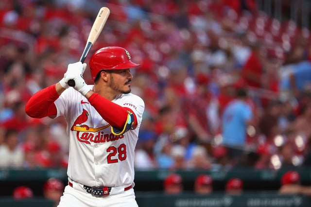 ST LOUIS, MISSOURI - SEPTEMBER 11: Nolan Arenado #28 of the St. Louis Cardinals wears a special best to commemorate 9/11 during a game against the Cincinnati Reds in the first inning at Busch Stadium on September 11, 2024 in St Louis, Missouri.
