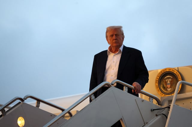 U.S. President Donald Trump exits Air Force One upon arriving at Joint Base Andrews, while on his way back to the White House after a weekend in West Palm Beach, Florida, at Joint Base Andrews in Maryland, U.S., May 4, 2025. REUTERS/Leah Millis