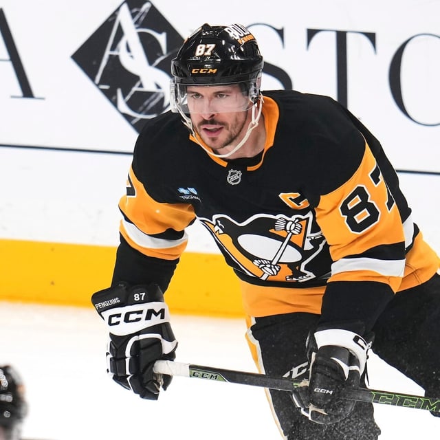 Pittsburgh Penguins' Sidney Crosby skates during the first period of an NHL hockey game against the Washington Capitals in Pittsburgh, Thursday, April 17, 2025. (AP Photo/Gene J. Puskar)