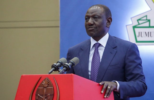 Kenya's President William Ruto addresses delegates at a joint summit from the Southern African Development Community (SADC) and the East African Community (EAC) to discuss the conflict in eastern Congo, in Dar es Salaam, Tanzania February 8, 2025. REUTERS/Emmanuel Herman/File Photo