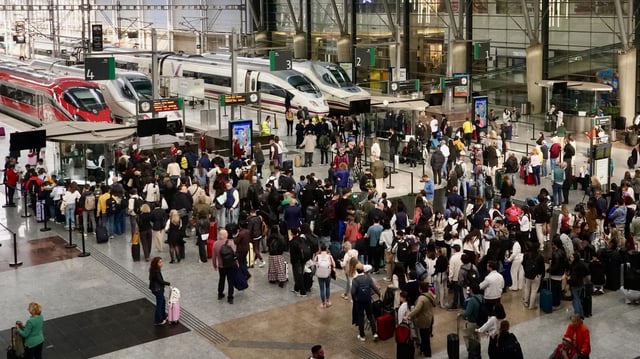 Viele Menschen stehen in einer Bahnhofshalle, im Hintergrund stehen Züge.