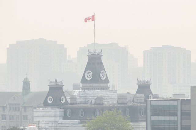 Smoke from wildfires burning across both Ontario and Quebec blanket the skyline in Kingston, Ont., Tuesday, June 6, 2023. 