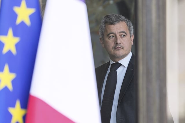 FILE - France's Justice minister Gerald Darmanin looks on as he leaves the weekly cabinet meeting, Feb. 19, 2025 at the Elysee Palace in Paris. (AP Photo/Thibault Camus, File)