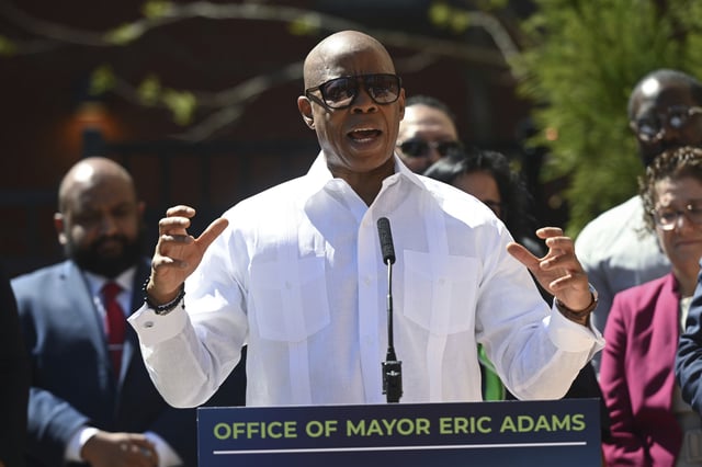 Mayor Eric Adams makes an affordability and housing related announcement at Woodhull II Residence on April 28, 2025 in New York City.