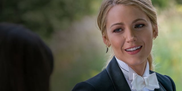 <a href="https://en.wikipedia.org/wiki/Blake_Lively" title="">Blake Lively</a> as Emily Nelson smiling in "Another Simple Favor"