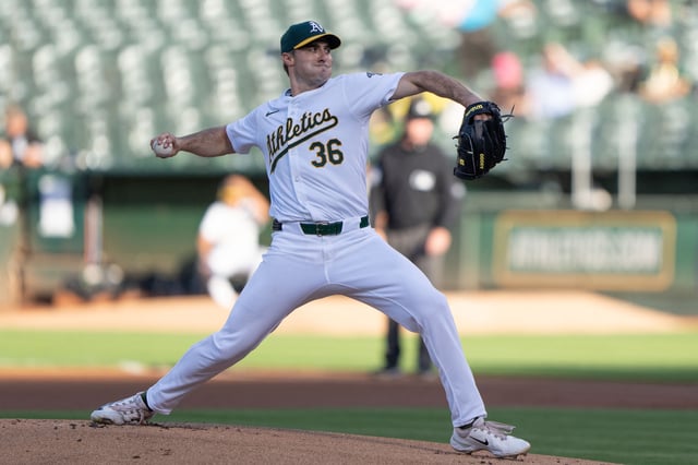 Aug 6, 2024; Oakland, California, USA;  Oakland Athletics pitcher Ross Stripling (36) pitches during the first inning against the Chicago White Sox at Oakland-Alameda County Coliseum. Stan Szeto-USA TODAY Sports/ File Photo