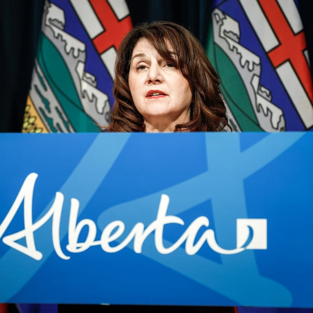 Alberta Minister of Health Adriana LaGrange speaks in Calgary, Alta., Wednesday, Feb. 19, 2025. THE CANADIAN PRESS/Jeff McIntosh