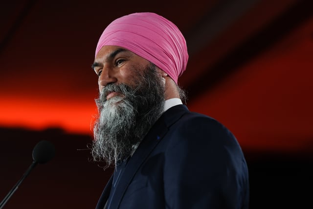 NDP Leader Jagmeet Singh pauses after announcing he would step down as party leader while addressing supporters on election night, in Burnaby, B.C., on Monday, April 28, 2025. THE CANADIAN PRESS/Darryl Dyck