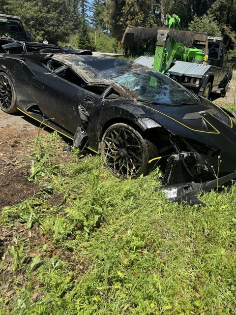 A Lamborghini overturned on Highway 9 in Santa Cruz County near Boulder Creek on Sunday, May 4, 2025. 