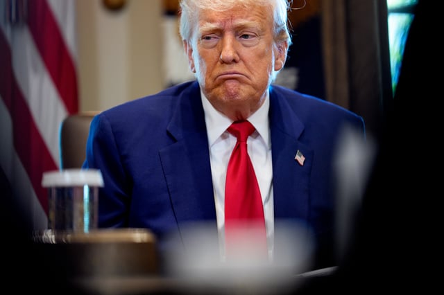 U.S. President Donald Trump reacts to a question during a Cabinet meeting at the White House on April 30, 2025 in Washington, DC.
