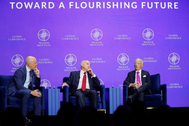 Jason Kelly and co-founders of KKR George Roberts and Henry Kravis attend the Milken Institute Global Conference 2025 in Beverly Hills, California, U.S., May 5, 2025. REUTERS/Mike Blake/File Photo