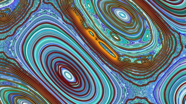 Predicted motions of hundreds of particles in a fusion reactor. The motions predicted with the new method (orange, red) agree very closely with those predicted by Newton’s laws (blue, green), but can be calculated 10 times faster. Image credit: University of Texas at Austin.