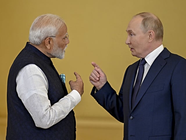 MOSCOW, RUSSIA - JULY 09: Russian President Vladimir Putin (R) and the Indian Prime Minister Narendra Modi (L) attend the award ceremony as Putin awards the Order of St. Andrew to Narendra Modi for his contributions to the relations between the two countries in Moscow, Russia on July 09, 2024. Delegations from both nations attended the award ceremony in the capital on Tuesday, July 9. The Order of St. Andrew was the highest honor of the Russian Empire, awarded to the Imperial Family, ambassadors, and servants of the state. (Photo by Sefa Karacan/Anadolu via Getty Images)