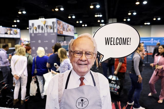 A cutout picture of Berkshire Hathaway Chairman Warren Buffett welcomes shareholders to shop at the Pampered Chef booth at the Berkshire Hathaway Inc annual shareholders' meeting in Omaha, Nebraska, U.S. May 3, 2024. REUTERS/Scott Morgan