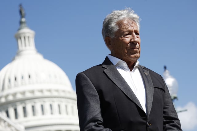 Former race car driver Mario Andretti listens during a news conference on May 01, 2024 in Washington, DC. Rep. John James (R-MI) hosted Andretti on Capitol Hill to respond to the Formula 1 management denying his family and General Motors the opportunity to join the global motorsports series.
