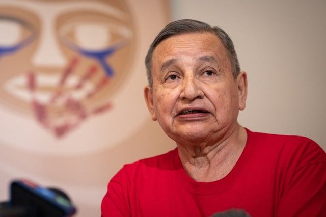  Grand Chief Stewart Phillip speaks during a news conference at Justice for Girls in Vancouver on Monday, May 5, 2025.