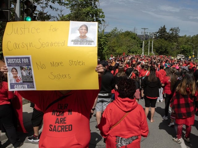 Hundreds of people take part in the third Our Women Are Sacred walk of reflection on Songhees-Esquimalt Nation land in Esquimalt on Monday, May 5, 2025.
