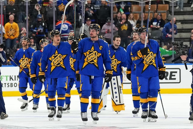Feb 3, 2024; Toronto, Ontario, CAN; Team Matthews center Auston Matthews (34) of the Toronto Maple Leafs and Team Matthews celebrates after winning the 2024 NHL All-Star Game at Scotiabank Arena. Mandatory Credit: Nick Turchiaro-USA TODAY Sports/File Photo