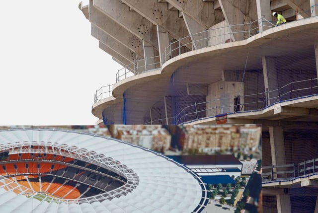 Estado de las obras en el Nou Mestalla, con una lona en la que se puede ver la recreación del futuro estadio, que debería abrir sus puertas en 2027. | J. M. LÓPEZ