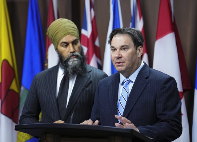 NDP Health Critic Don Davies and NDP Leader Jagmeet Singh announce the NDP's Canada Pharmacare Act during a press conference on Parliament Hill in Ottawa, Tuesday, June 13, 2023.