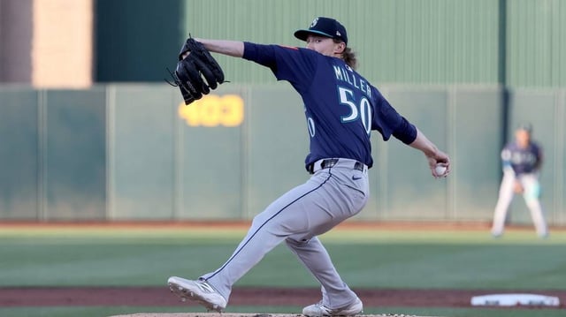 May 5, 2025; West Sacramento, California, USA; Seattle Mariners starting pitcher Bryce Miller (50) throws against the Athletics during the first inning at Sutter Health Park. Mandatory Credit: Dennis Lee-Imagn Images